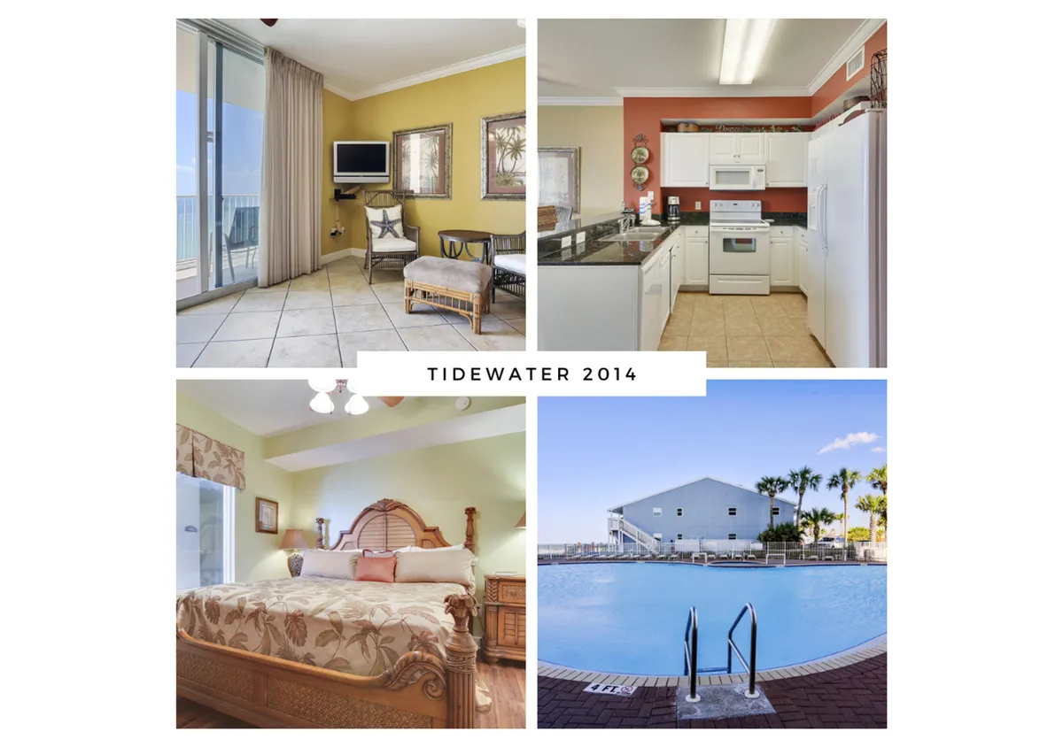 The image showcases the condo’s sunlit living area with floor-to-ceiling windows framing sweeping ocean views, a modern kitchen with sleek appliances, a tastefully styled bedroom, and glimpses of the inviting resort pool below — all set high above Panama City Beach from the 20th floor.
